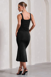 Black Ruched Square-Neck Midi Dress